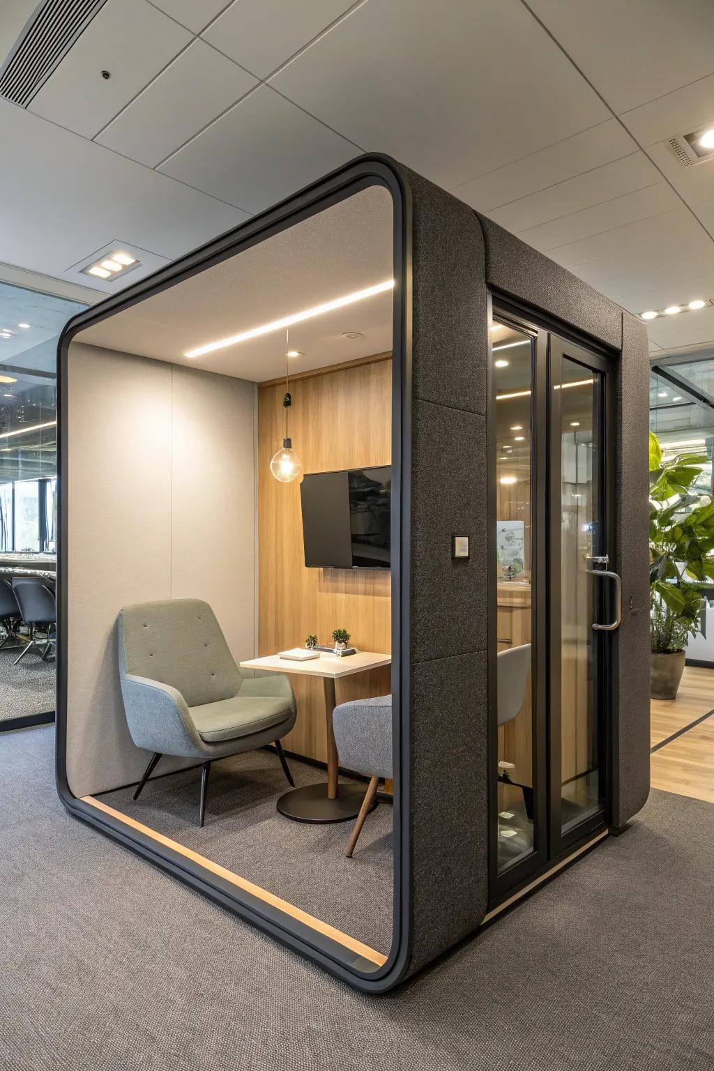 A private pod offering solitude in a bustling office.