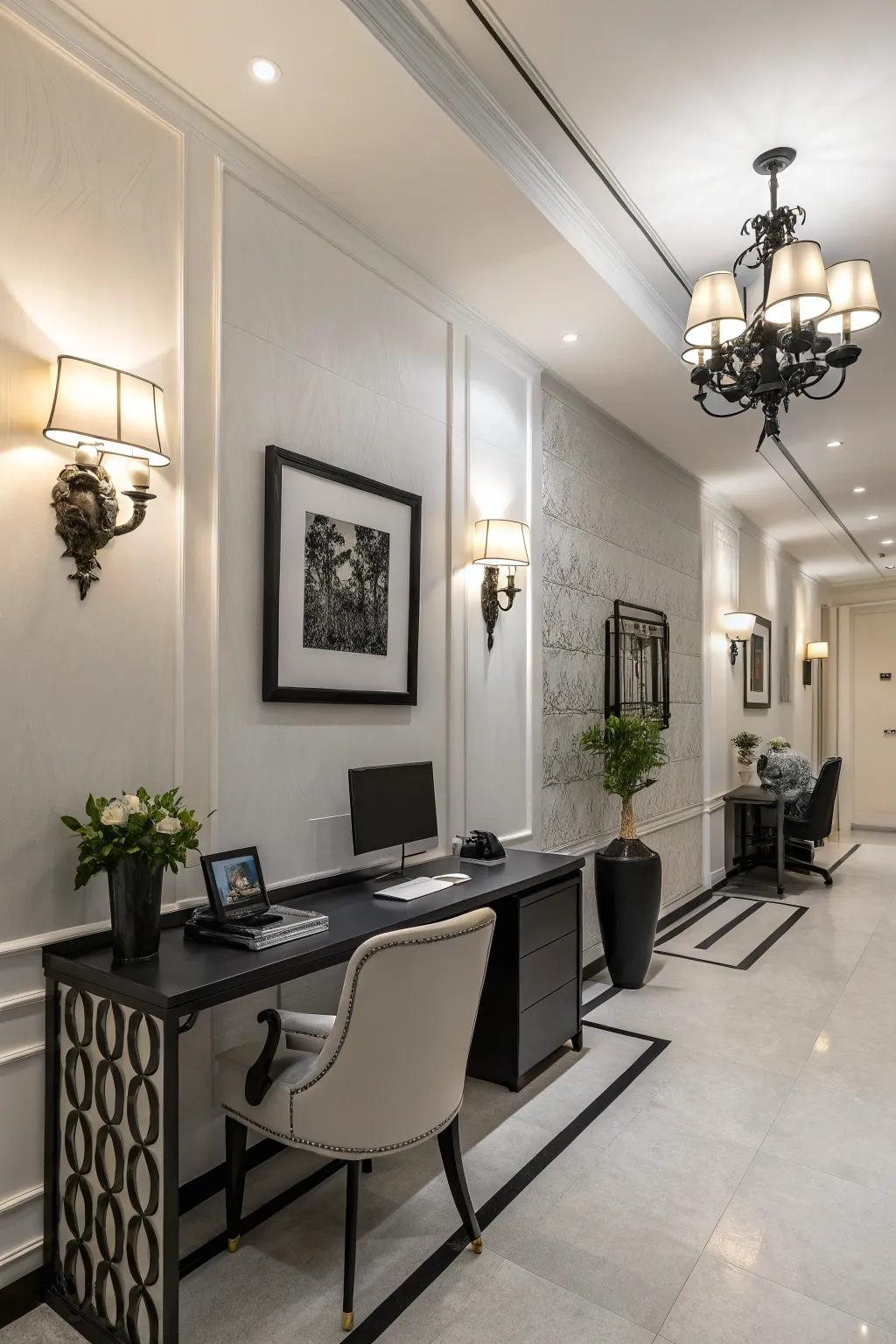 Black and white sconces creating a striking contrast in the office.