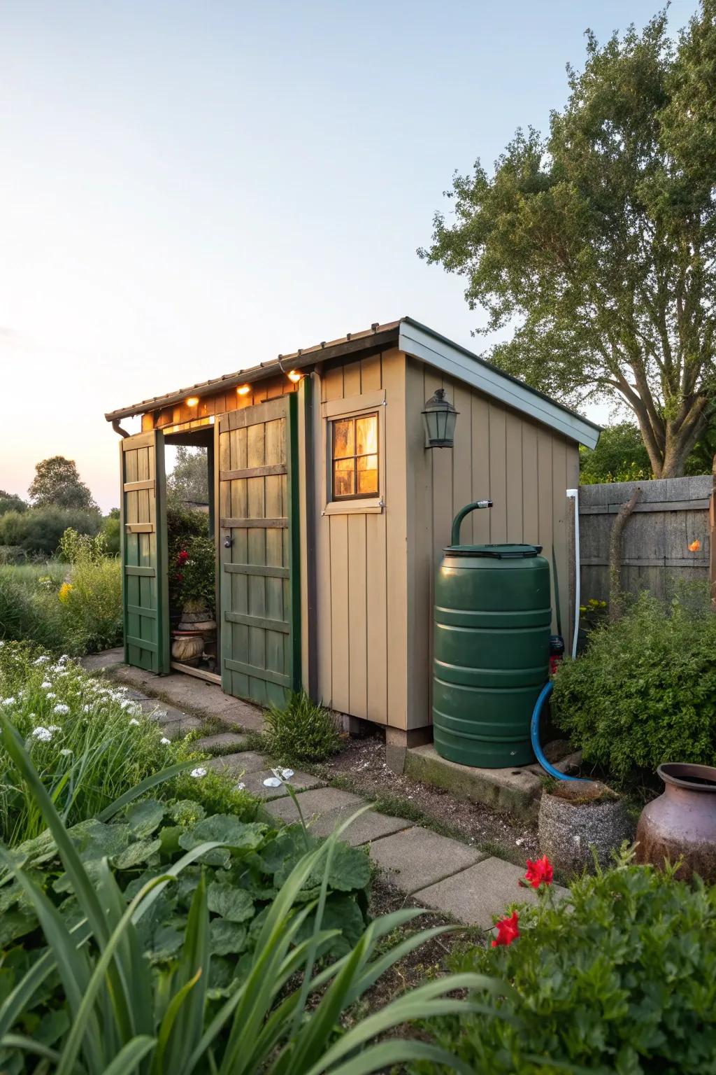 A garden outbuilding skillfully concealing a fuel reservoir, painted to harmonize with its surroundings.