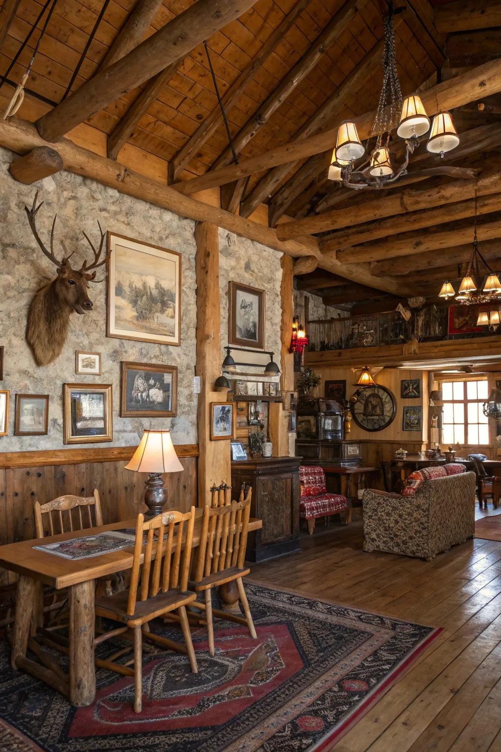 Unrefined retreat interior showcasing charming classic and vintage décor pieces.