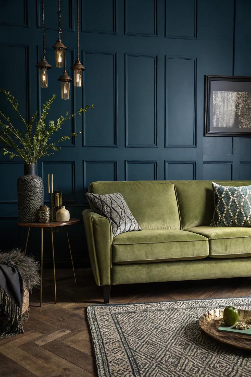 Rich shades establish a striking contrast with a forest couch.