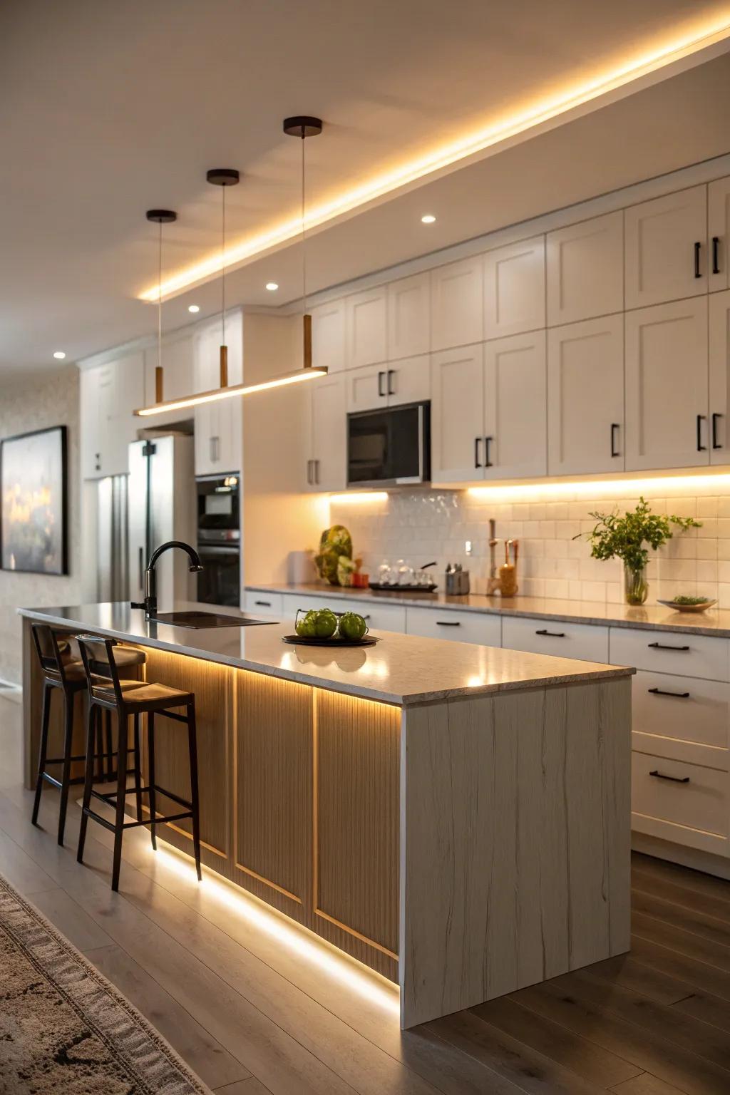 Lighting under cabinets enhances the kitchen's sophistication and usability.