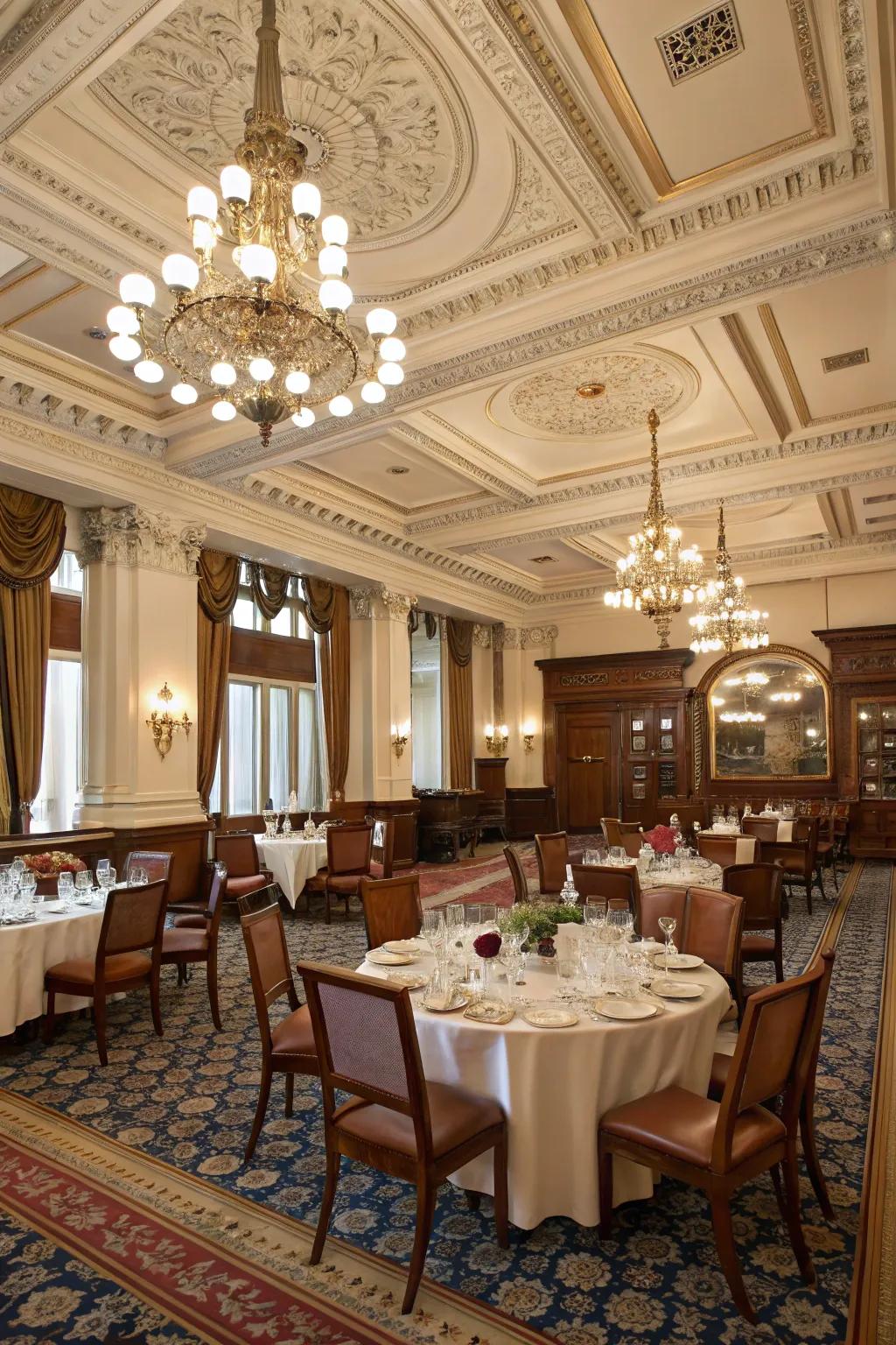 An elegant dining area featuring coffered ceilings that add refinement.
