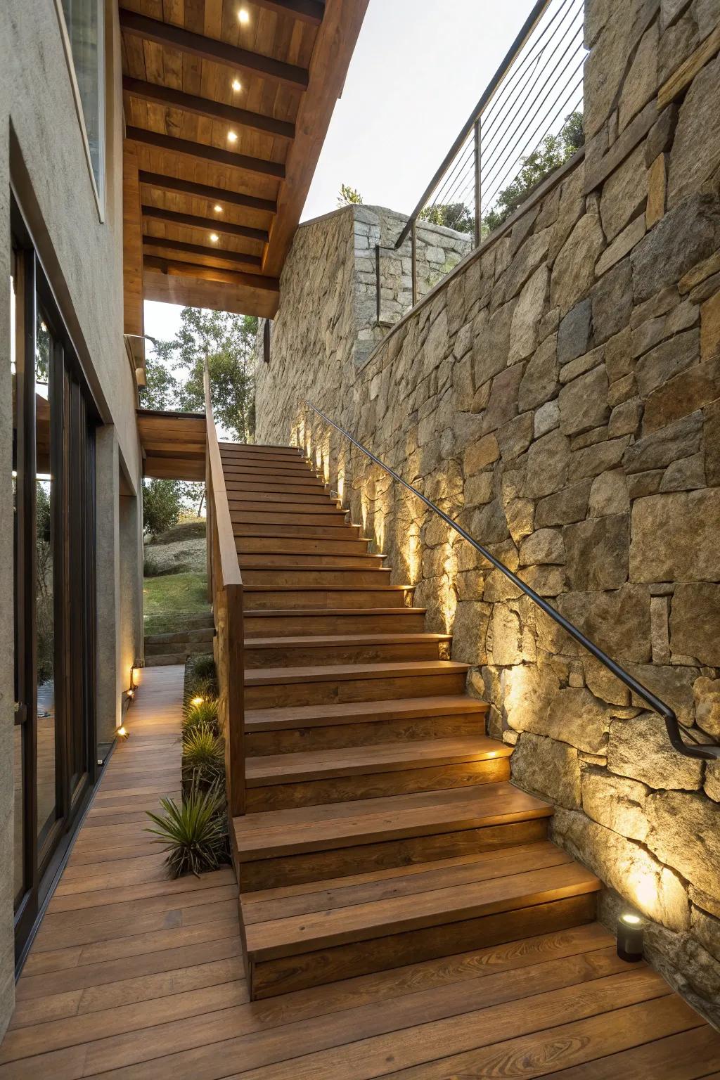 A stone backdrop enriches texture to this chic exposed stairway.
