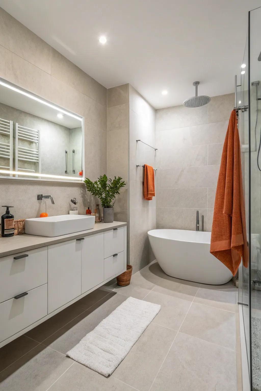 A minimalist bathroom showcasing neutral shades accented with sparse citrus decor.