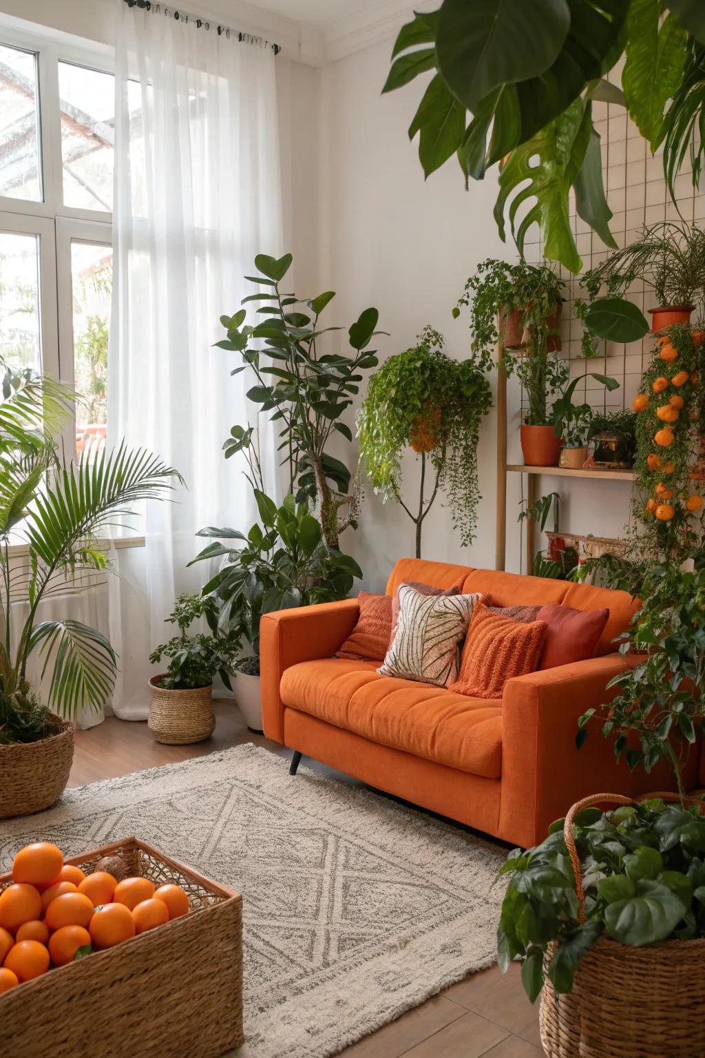 A living space featuring coral decor and natural elements such as plants.