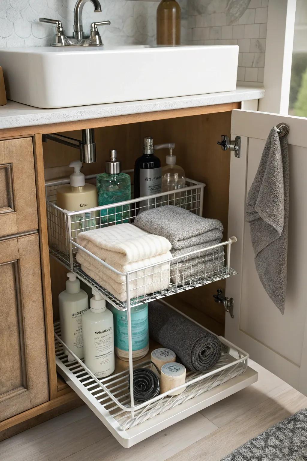 Wire shelves offer adaptable and breathable storage options.