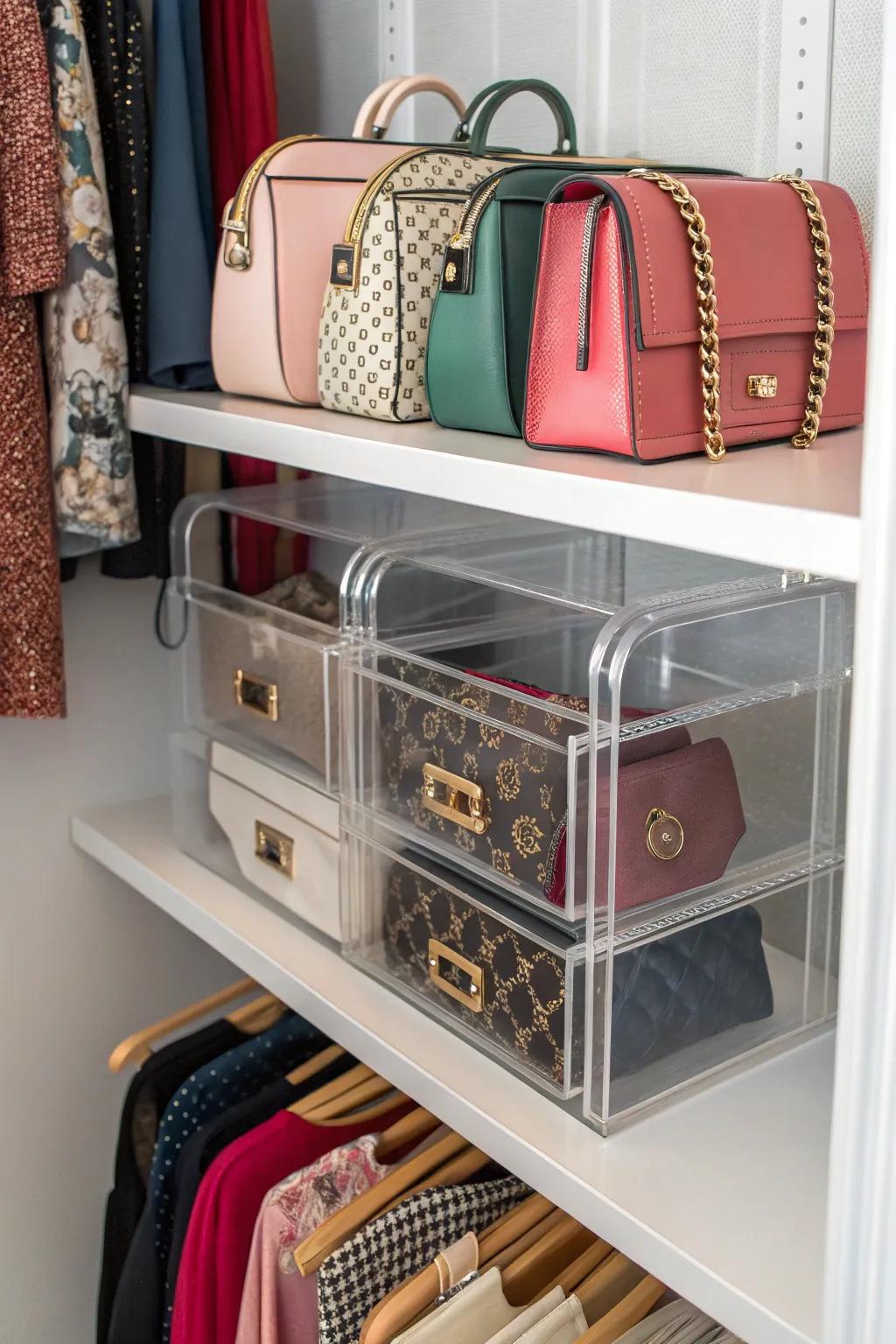 A chic and well-organized bag display is achieved with perspex dividers.