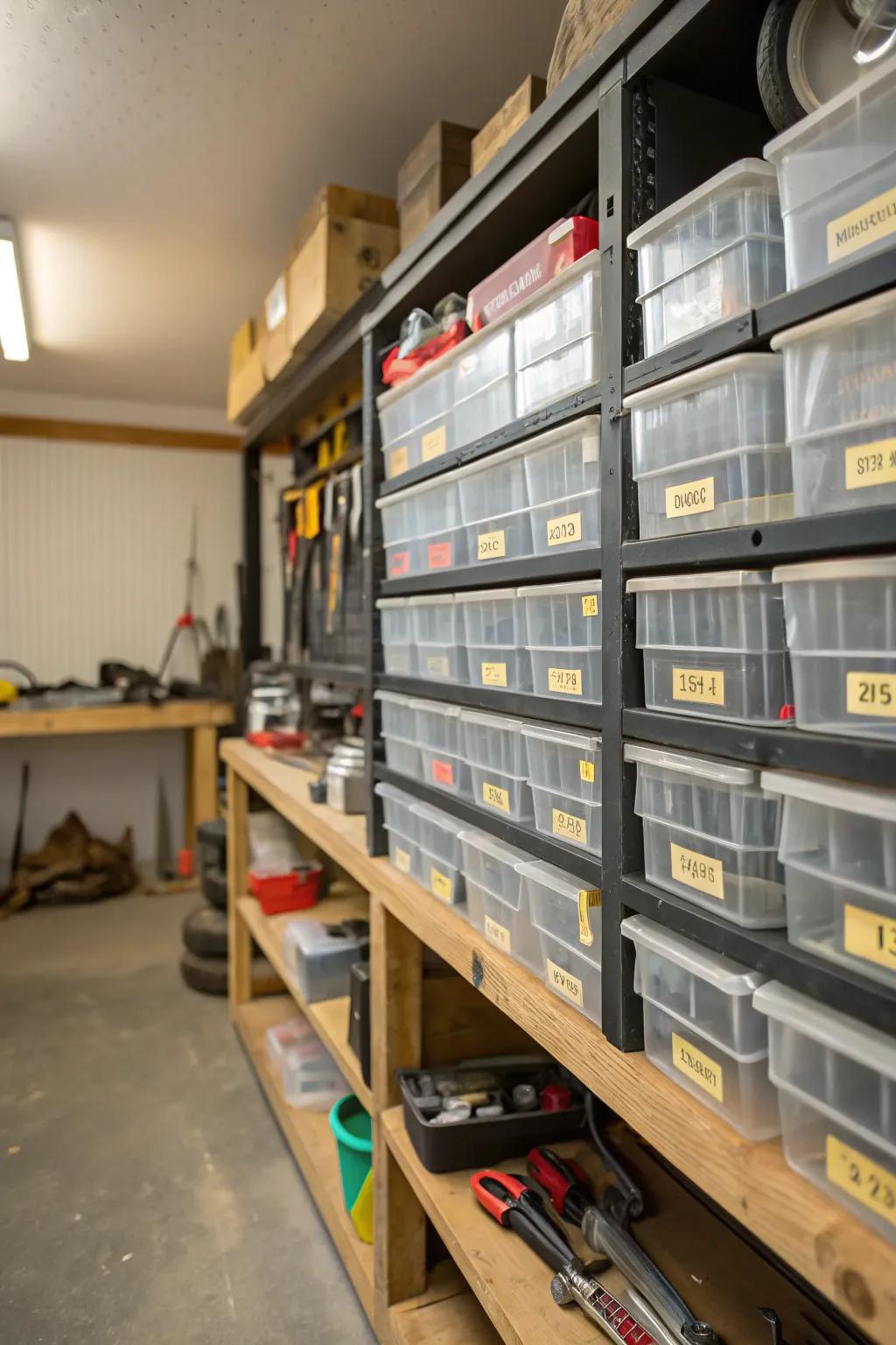 See-through bins and labels optimize garage shelf arrangement