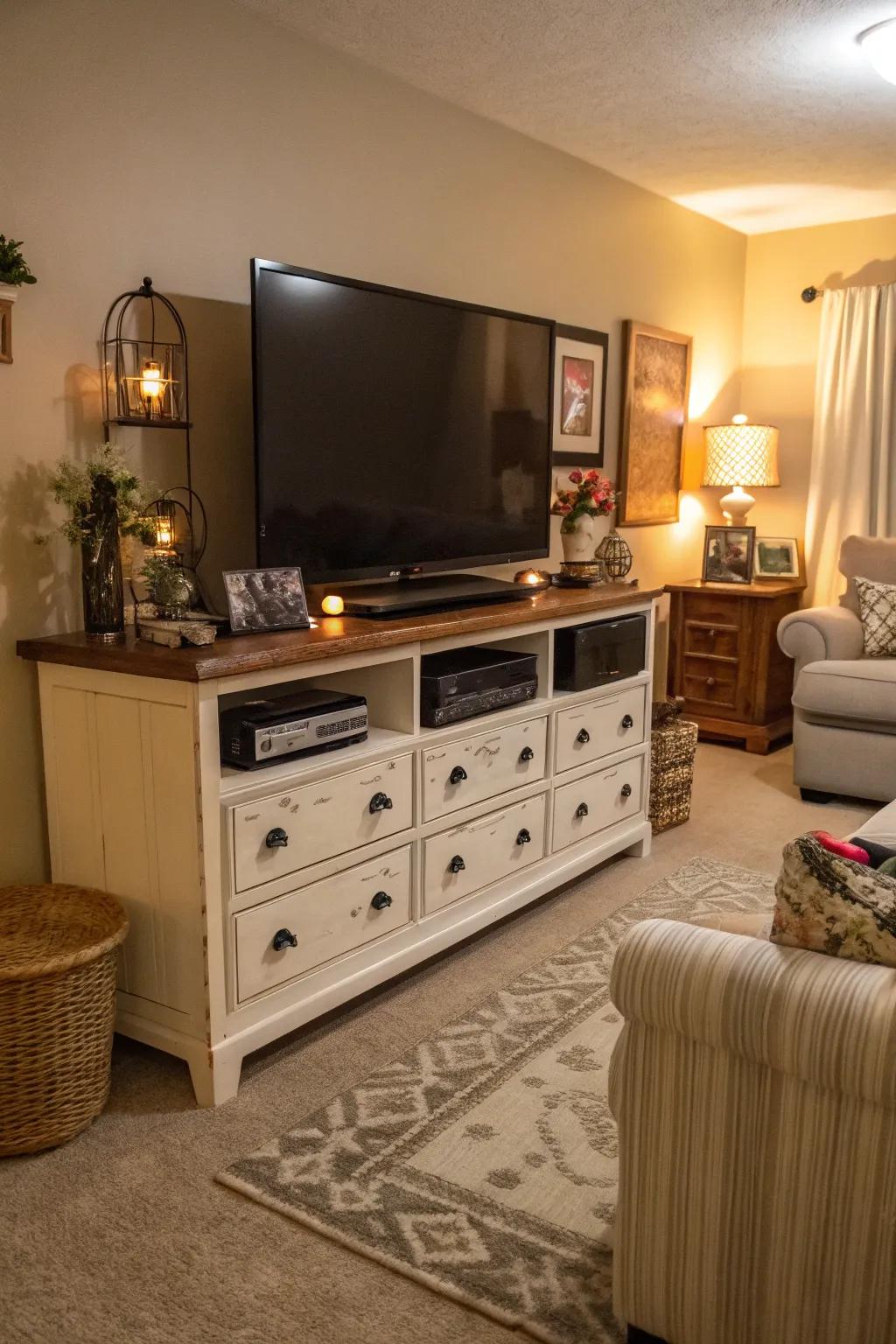 Using a dresser as a media console maximizes storage.