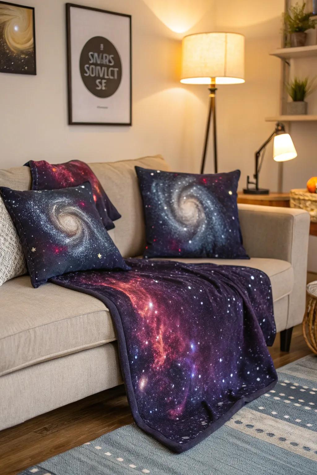 Cosmic print textiles add a touch of the galaxy to your home.