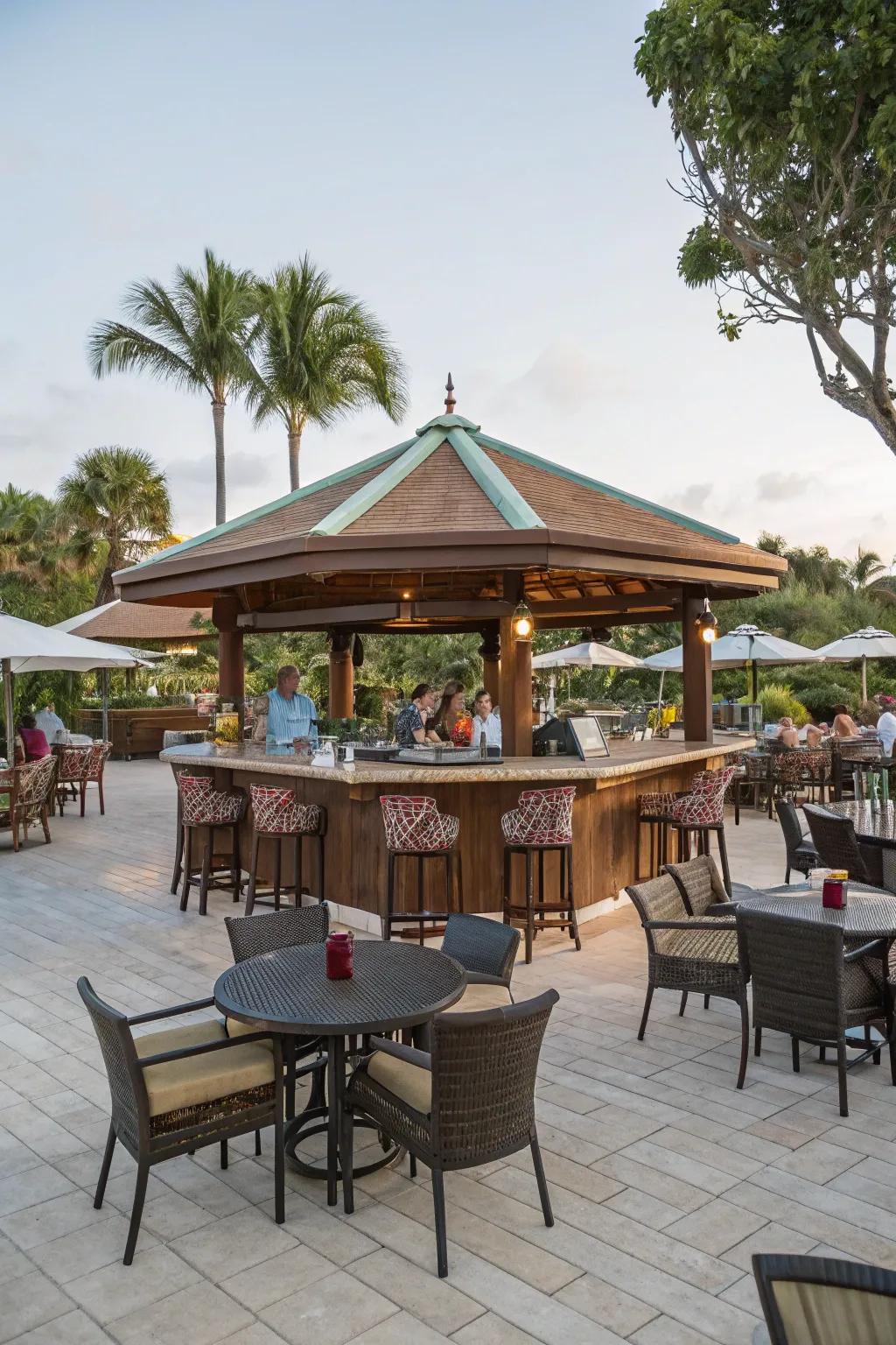 An island bar invites guests to gather around.