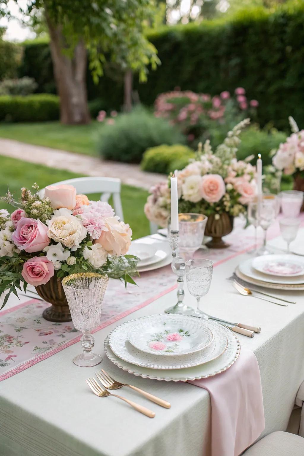 Elegant servingware and gentle pastels establish a sophisticated setting.