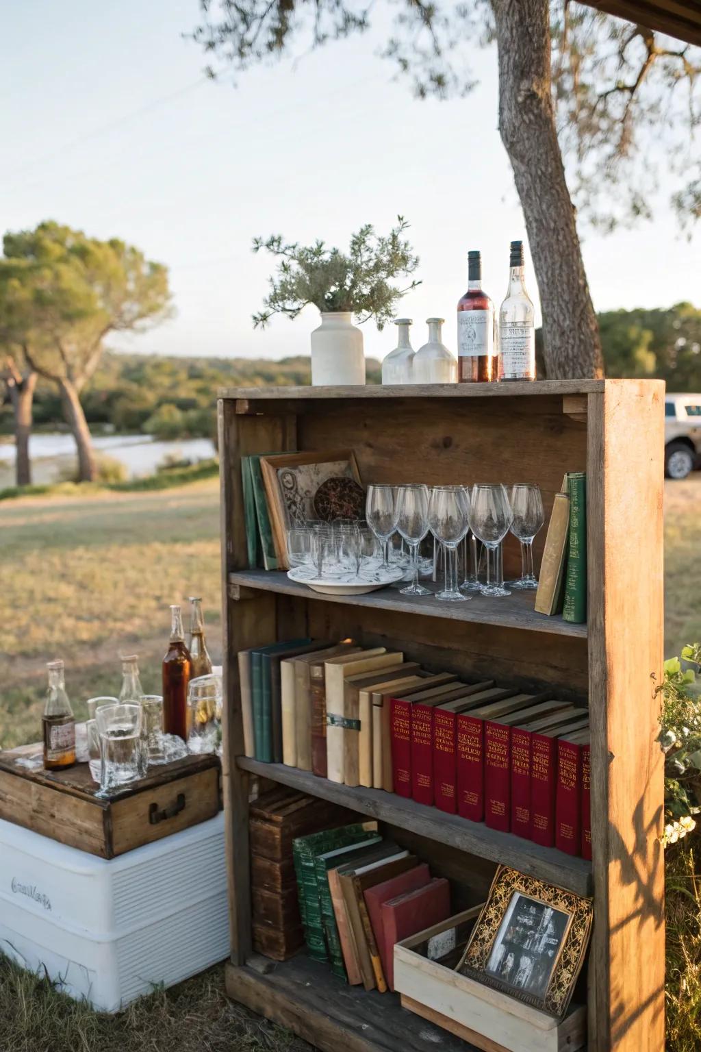 A repurposed bookcase provides a functional and stylish drink station.