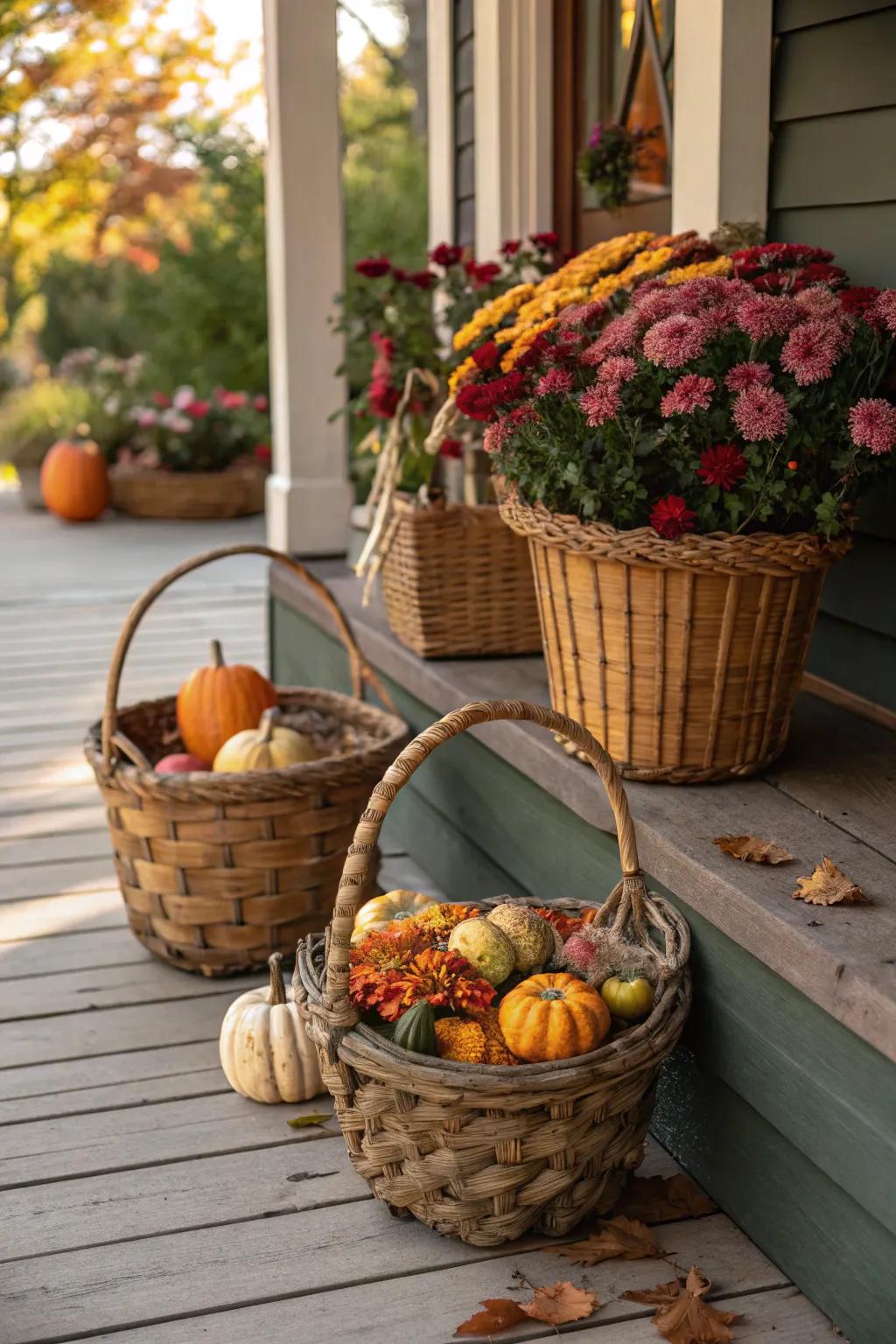 Countryside containers brimming with gourds and flora contribute charm to this veranda.