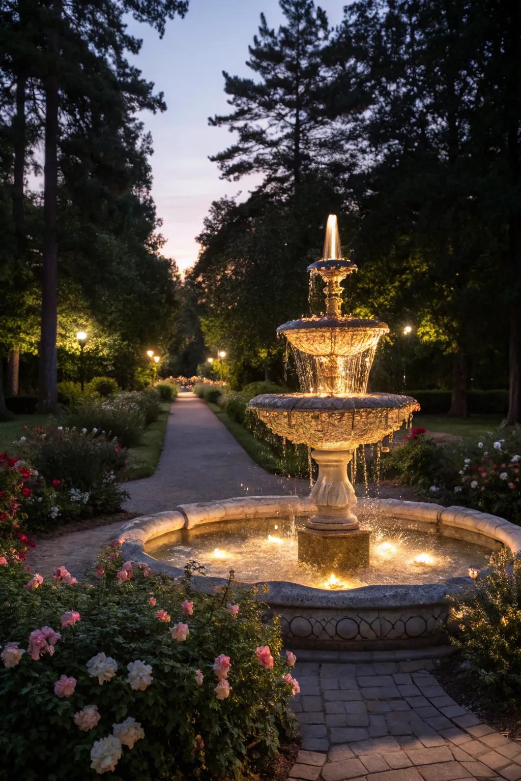 A fountain beautifully lit with soft ambient lighting.