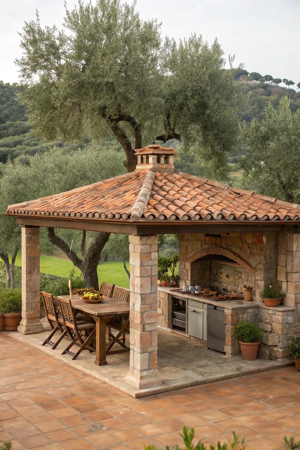 Design a Mediterranean escape with a graceful outdoor kitchen gazebo.