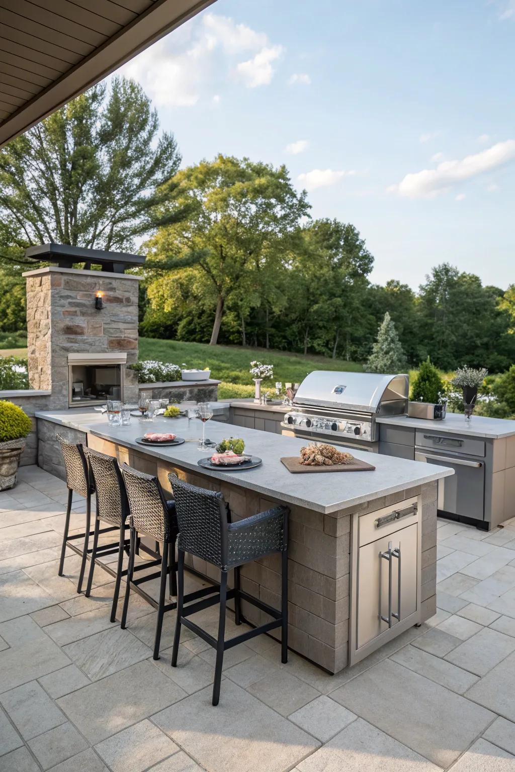 A versatile two-tier outdoor kitchen island offering dedicated prep and dining areas.