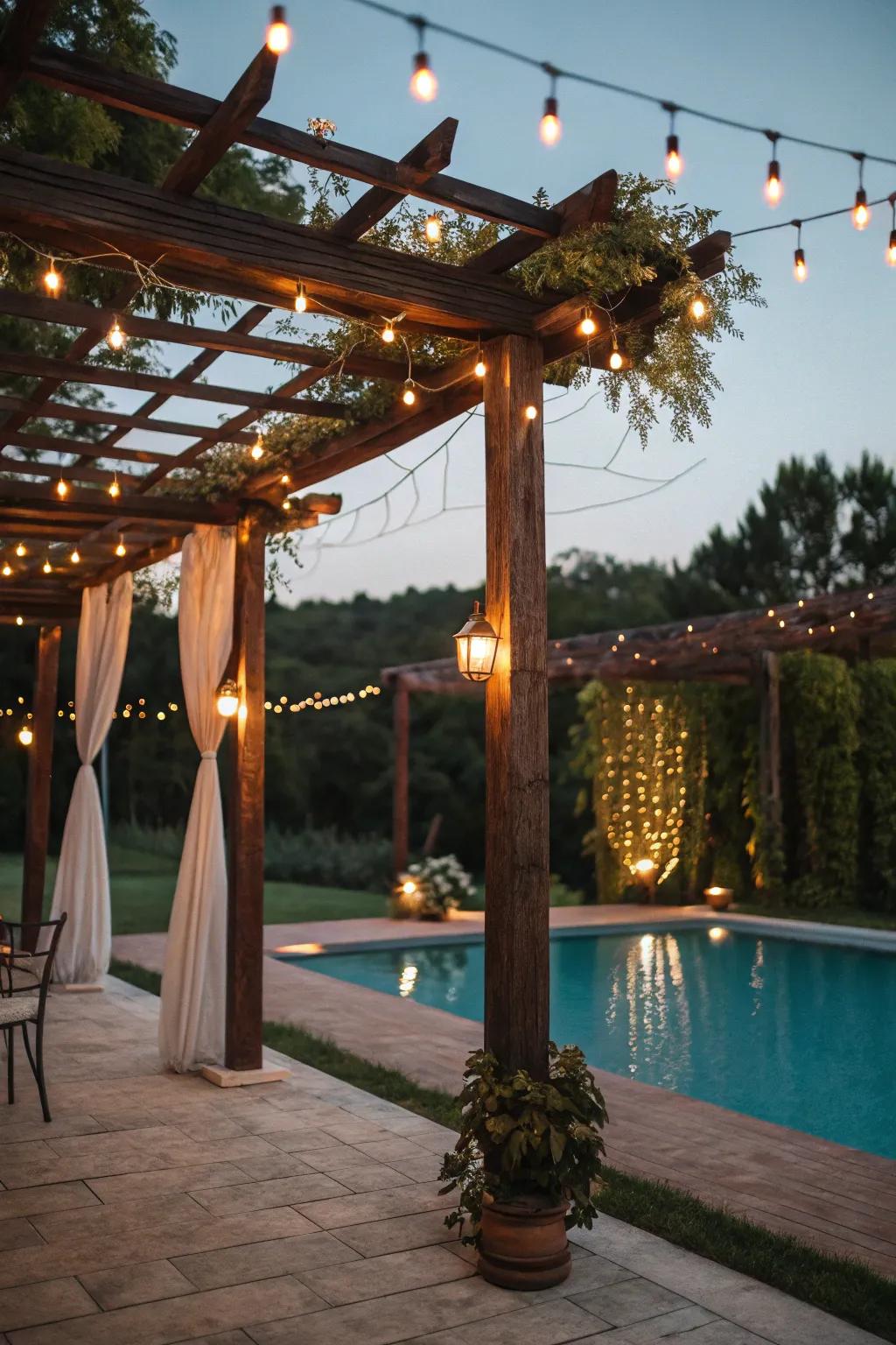 A pergola equipped with hanging lights transforms the poolside into an appealing recess.