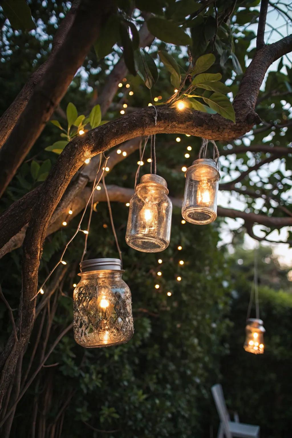 Using glass jar lights, create a whimsical ambiance.