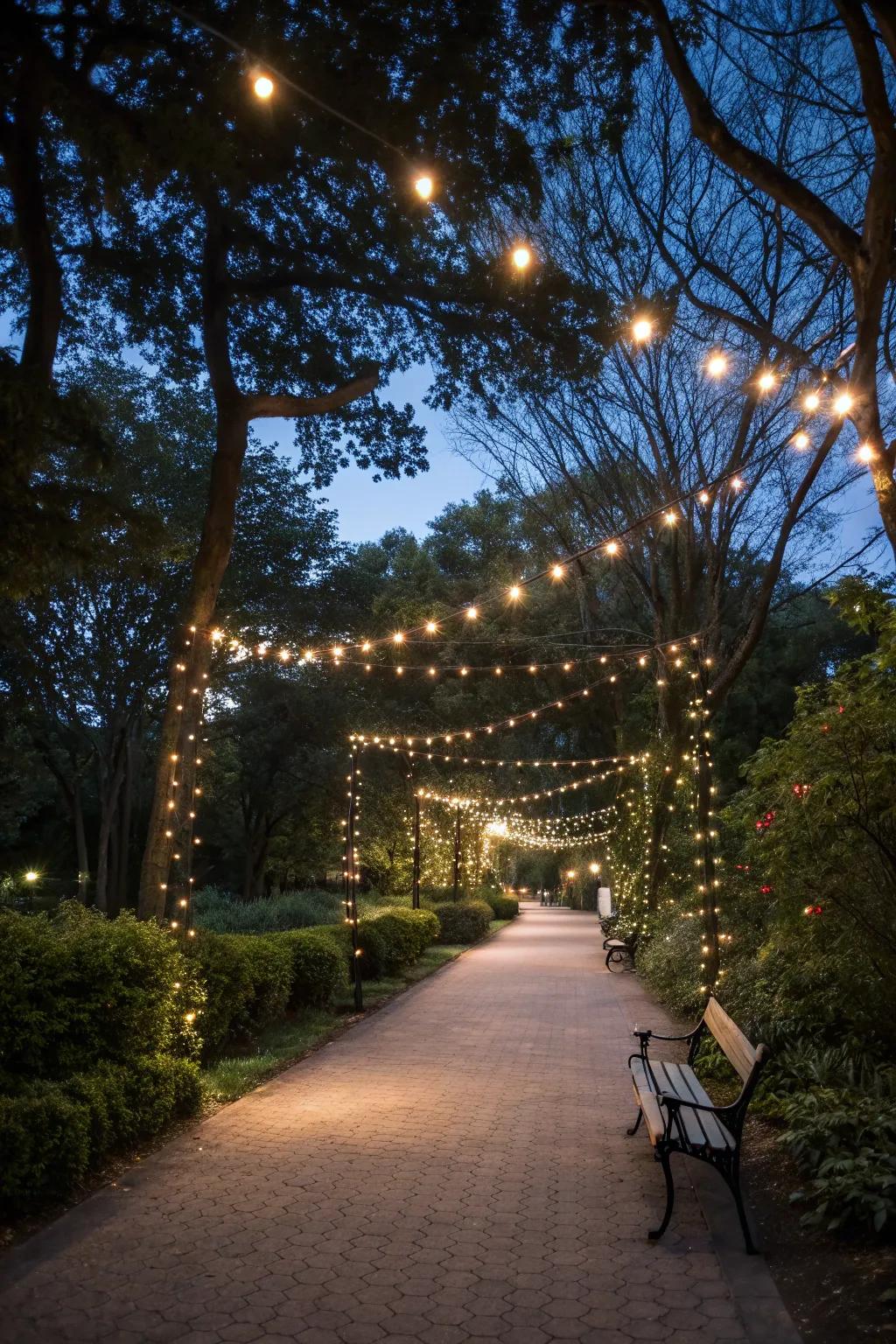 Twinkle lights craft a dreamy and magical atmosphere in the park.