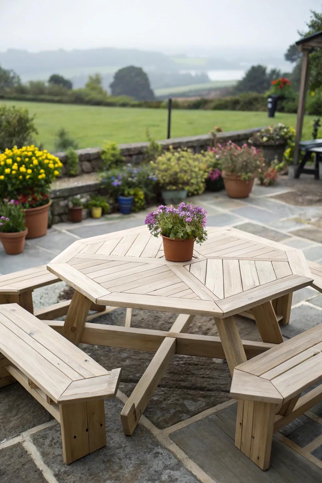 Hexagonal arrangements foster intimate and welcoming dining environments.