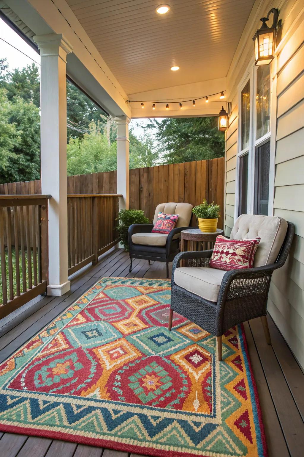 A vibrant outdoor rug ties together the seating area on this porch.