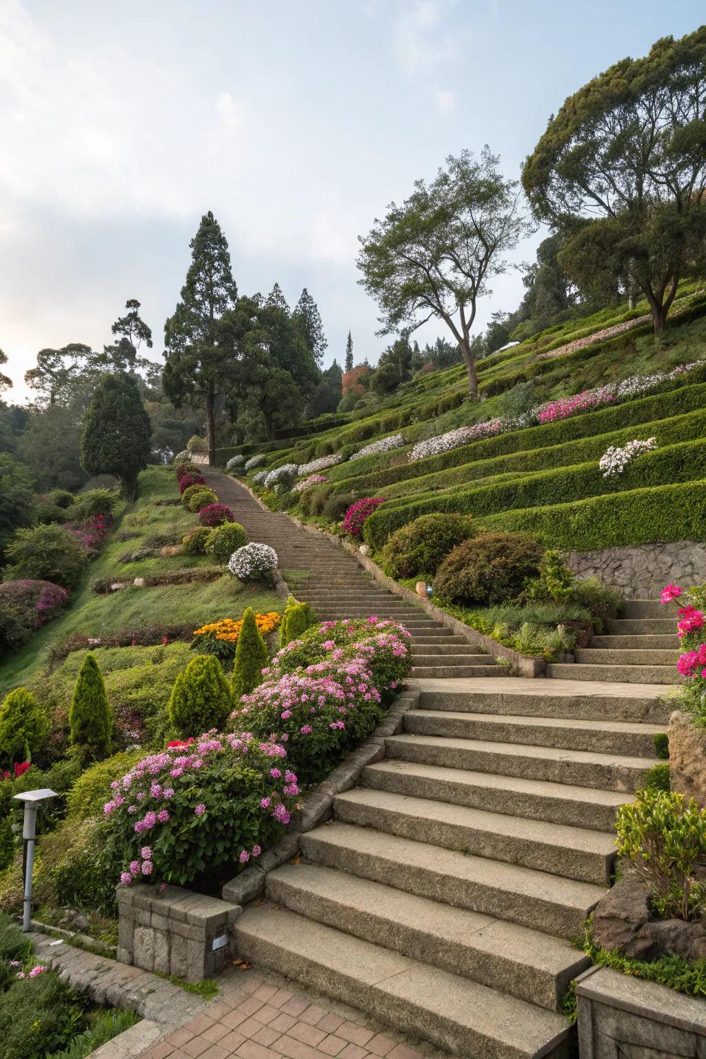 Terraced scenery encourages exploration, with steps joining varied garden levels.