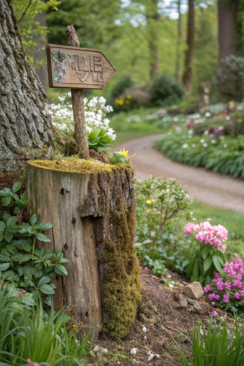 A guidepost on a stump adds direction and charm to any garden.