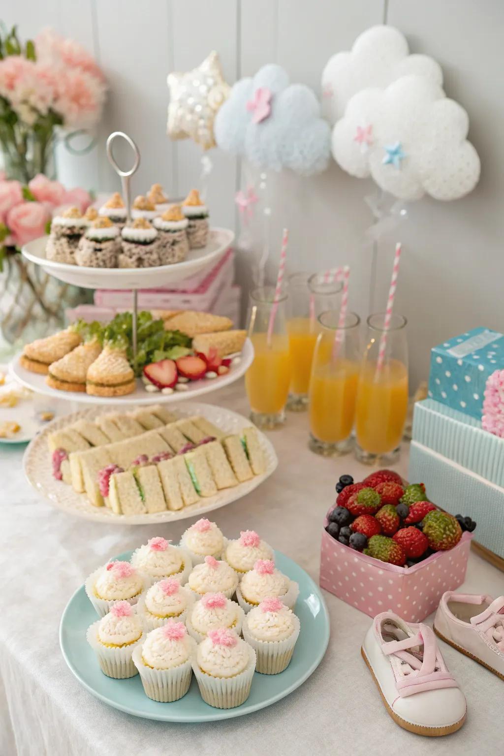 A creatively laid out food arrangement enriches the baby shower with visual delight.