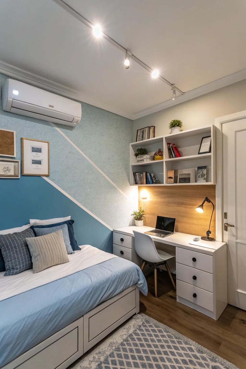 Two-tone walls can integrate measurement and determine areas inside a compact bedroom.