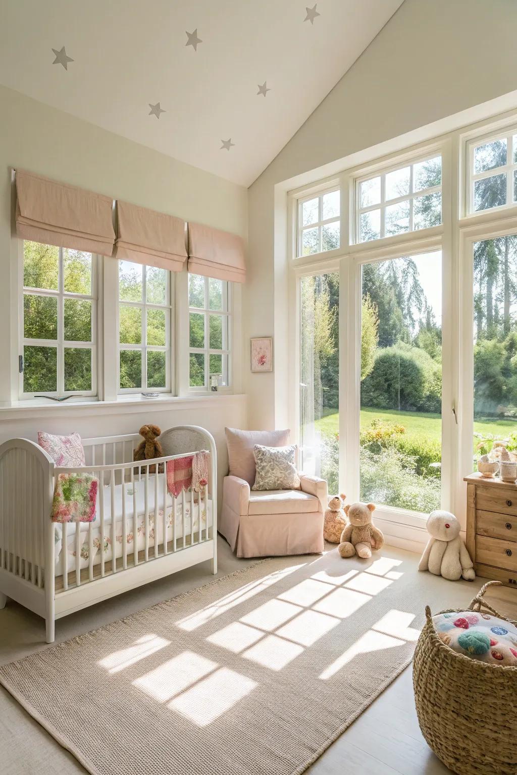 Light and bright walls enhance natural light, establishing a cheerful nursery environment.