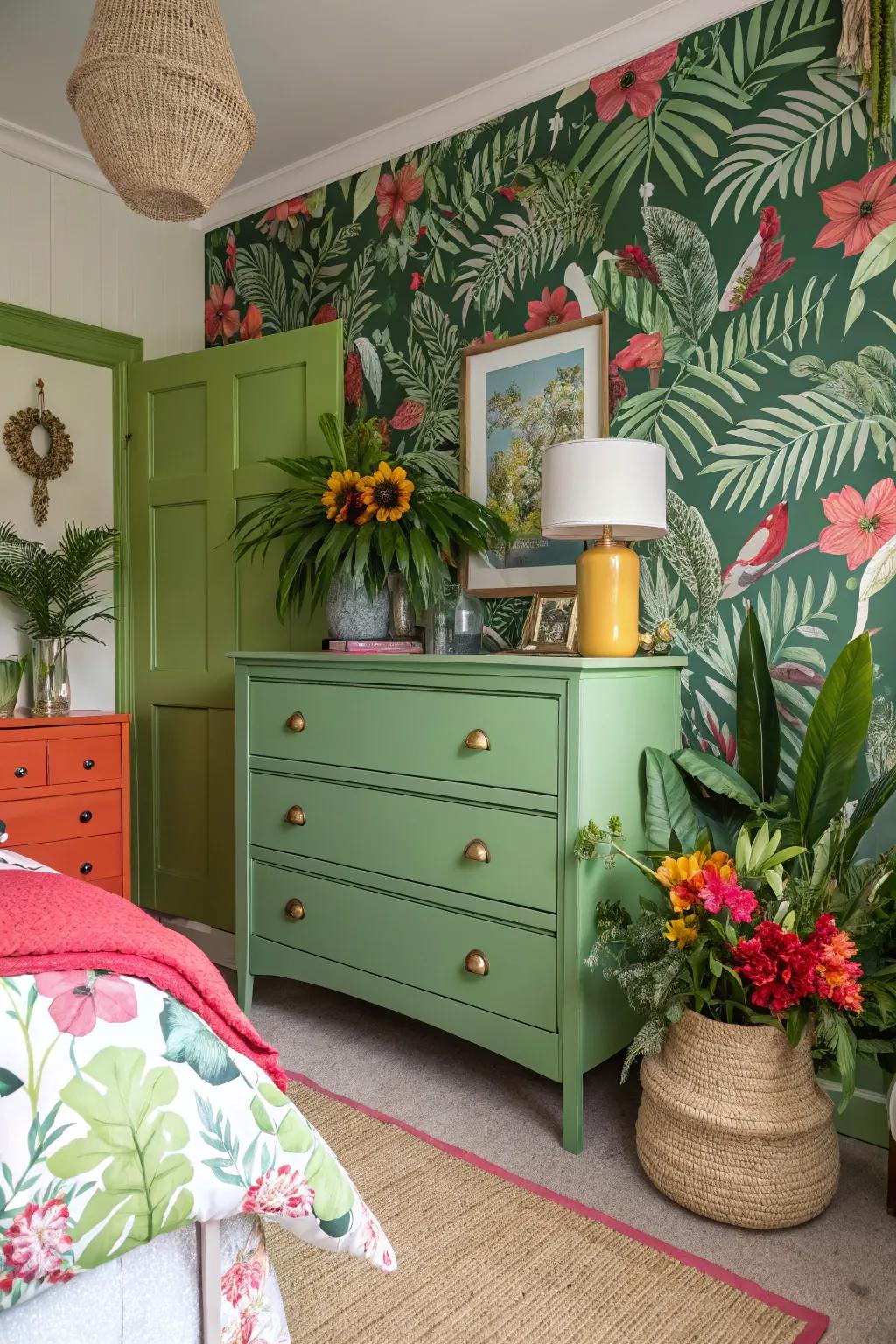 Introduce exotic allure with a tropical green dresser.