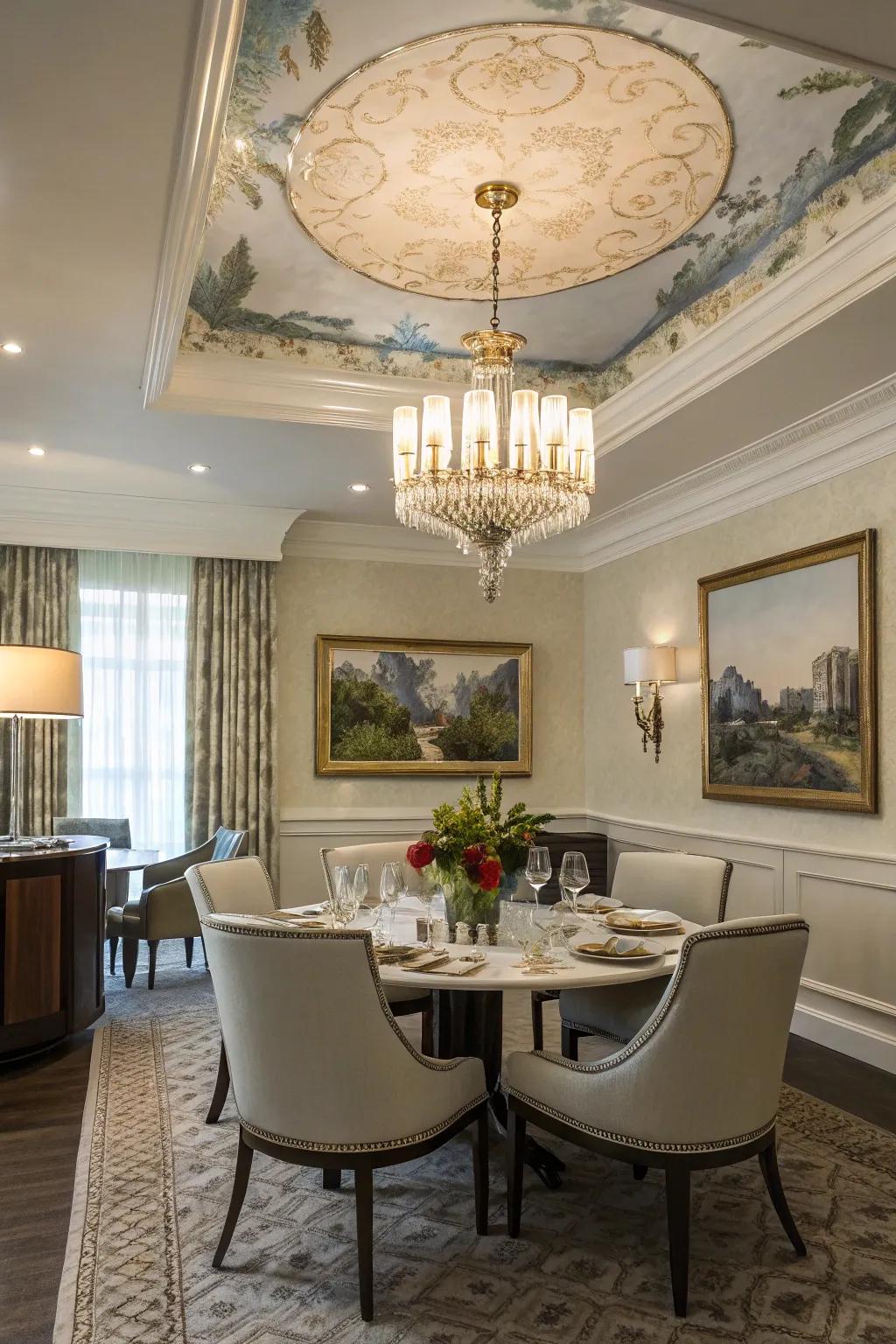 Illumination complements the painted overhead, enhancing the overall ambiance.