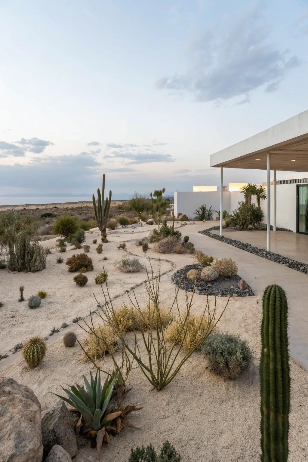 Minimalist plantings evoke a peaceful and expansive garden atmosphere.