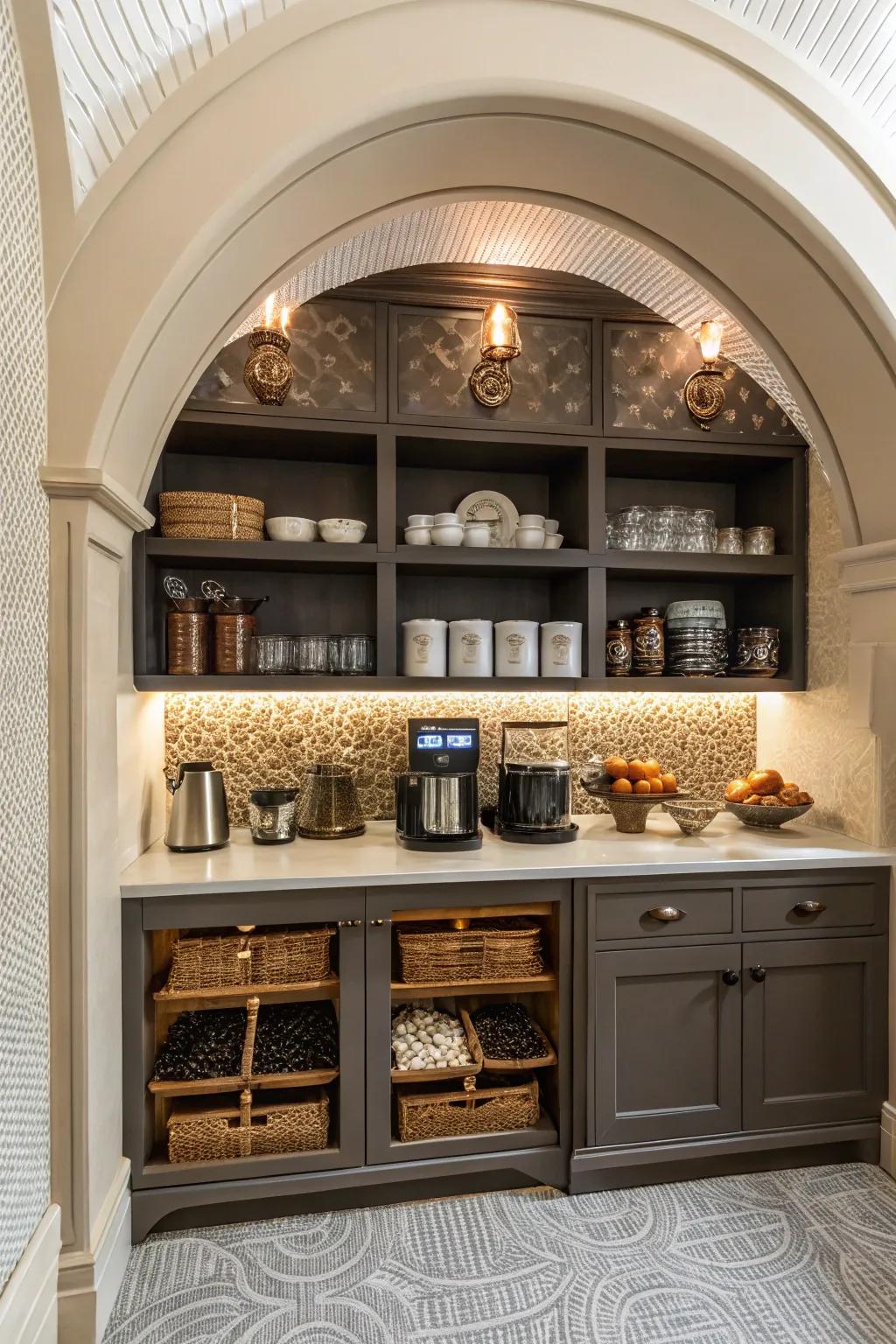 An arched design adds surprising symmetry to a coffee nook.