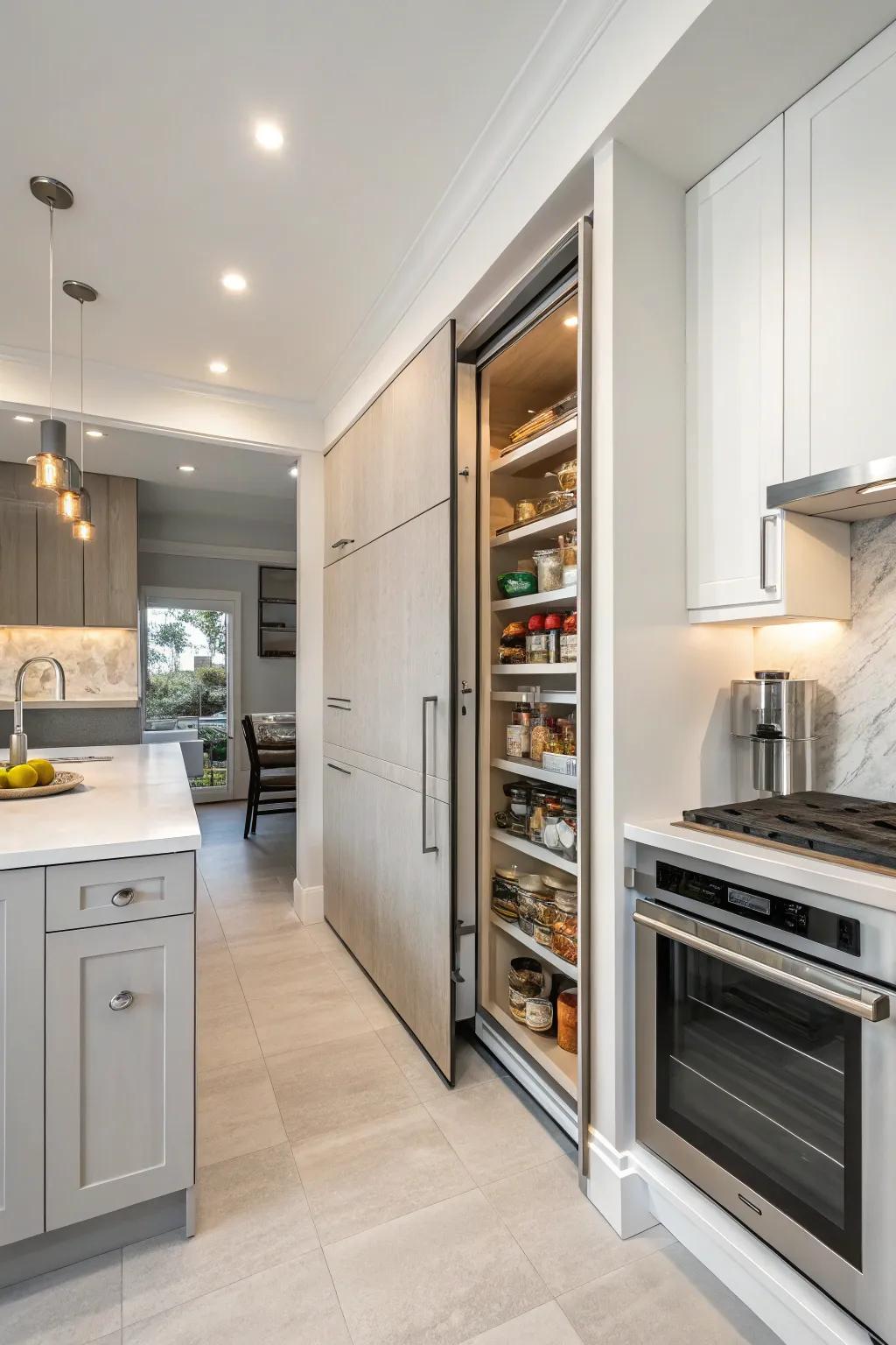 Hidden doors provide a smooth and discreet pantry service.