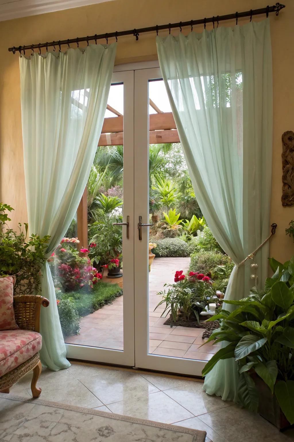 Houseplants complement curtains for a refreshing, inviting ambiance.