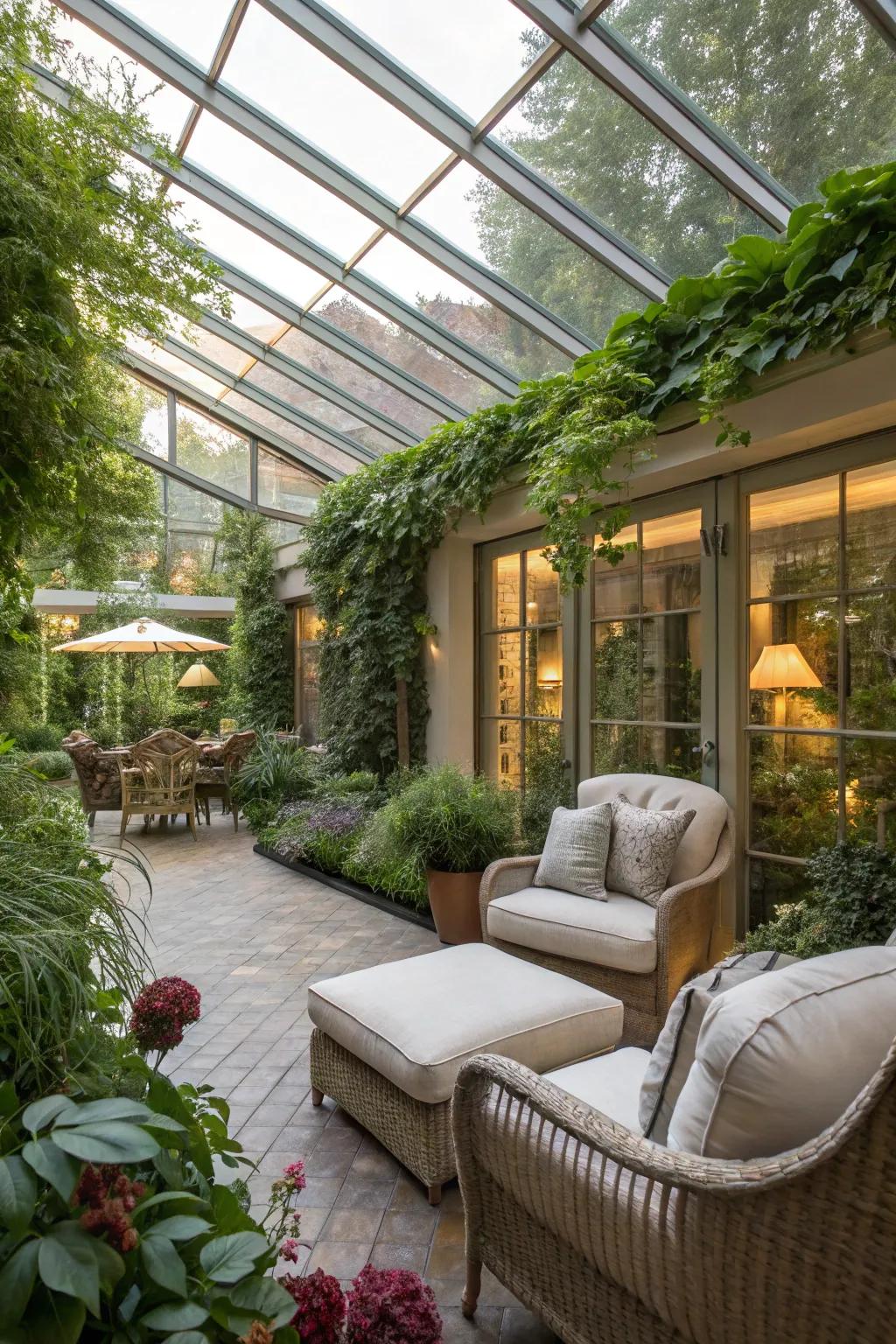 A solarium where plants and comfort coexist beautifully.