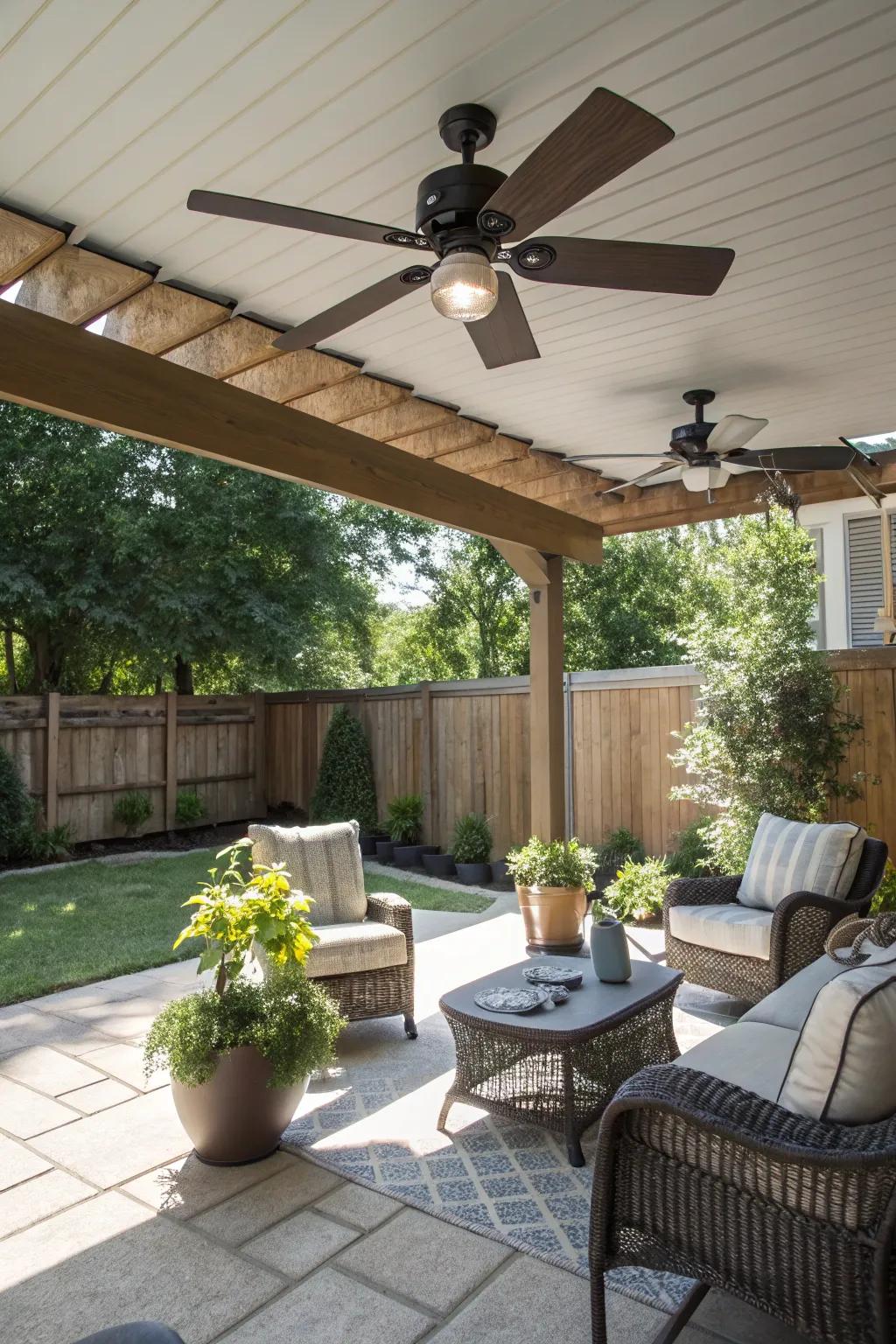 A sustainable patio with a solar-powered ceiling fan.