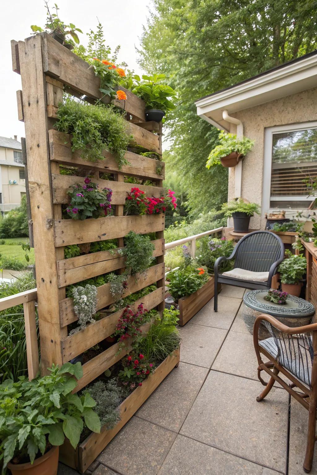 A vertical garden crafted from pallets adding greenery to a patio.