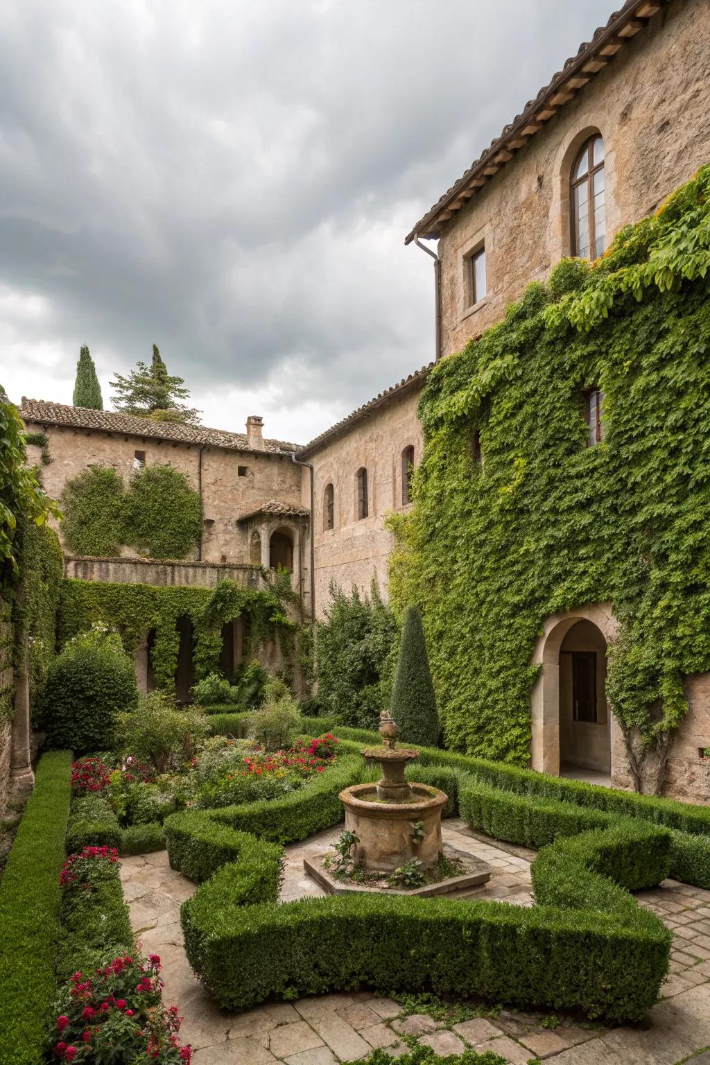 Plant-covered walls establish a romantic and private setting.