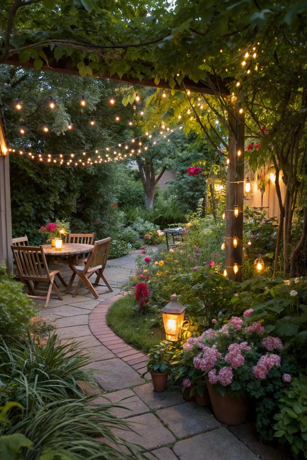 Tiny lights fashion a magical hidden garden impression in your patio space.