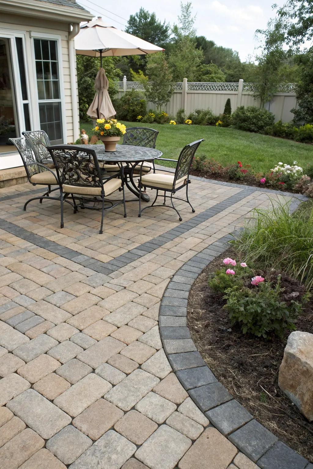 A paver patio with a designated dining area, highlighted by a unique paver pattern.