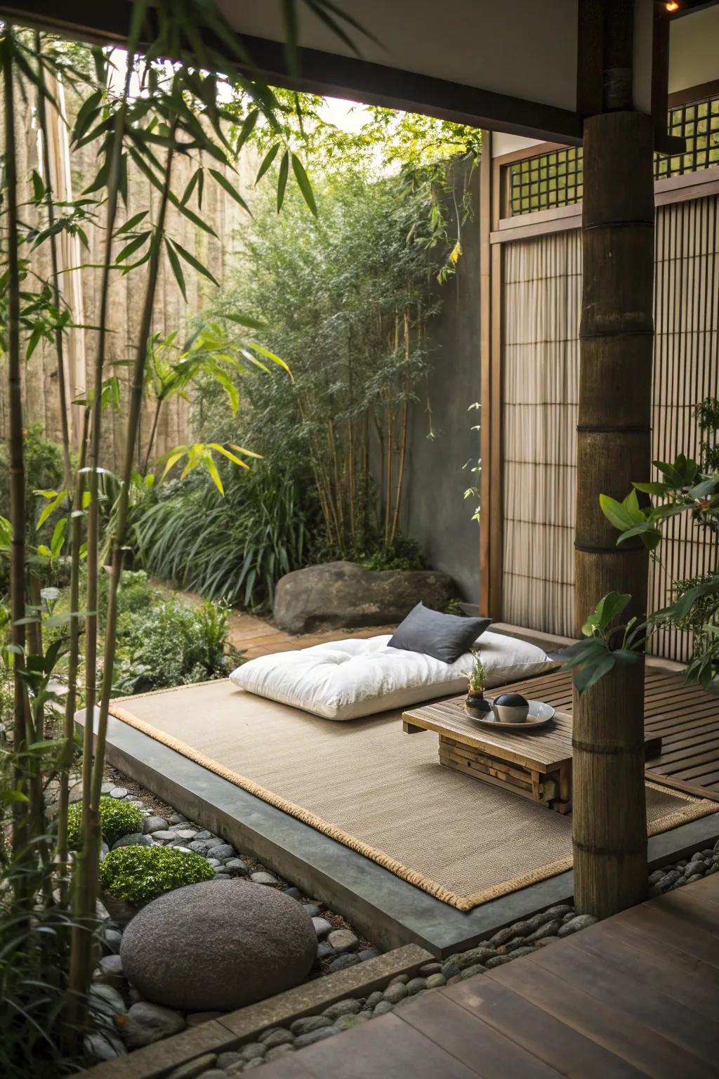 A meditation corner offers a peaceful escape in the garden.