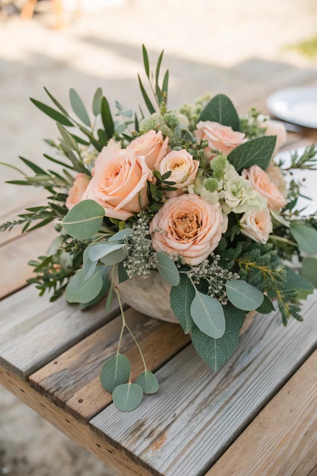 Nature-inspired peach and grayish centerpiece for an ageless appearance.