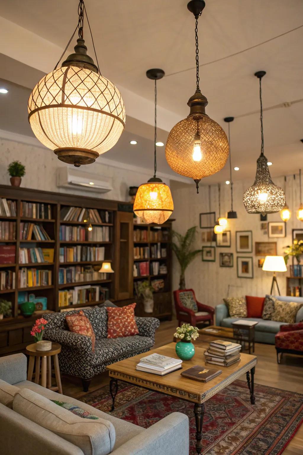 An eclectic mix of pendants adds character to your decor.