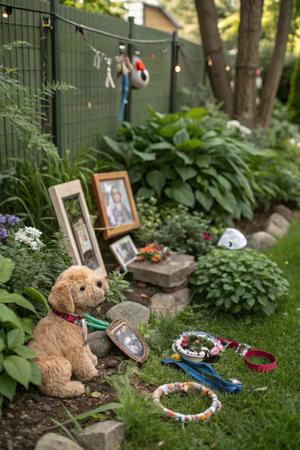 Cherished mementos add a personal touch to the pet memorial garden.