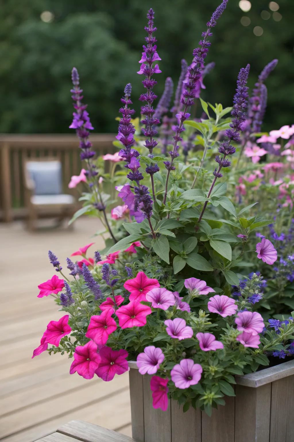 Salvia's height introduces a striking vertical element to the mounding petunias in containers.