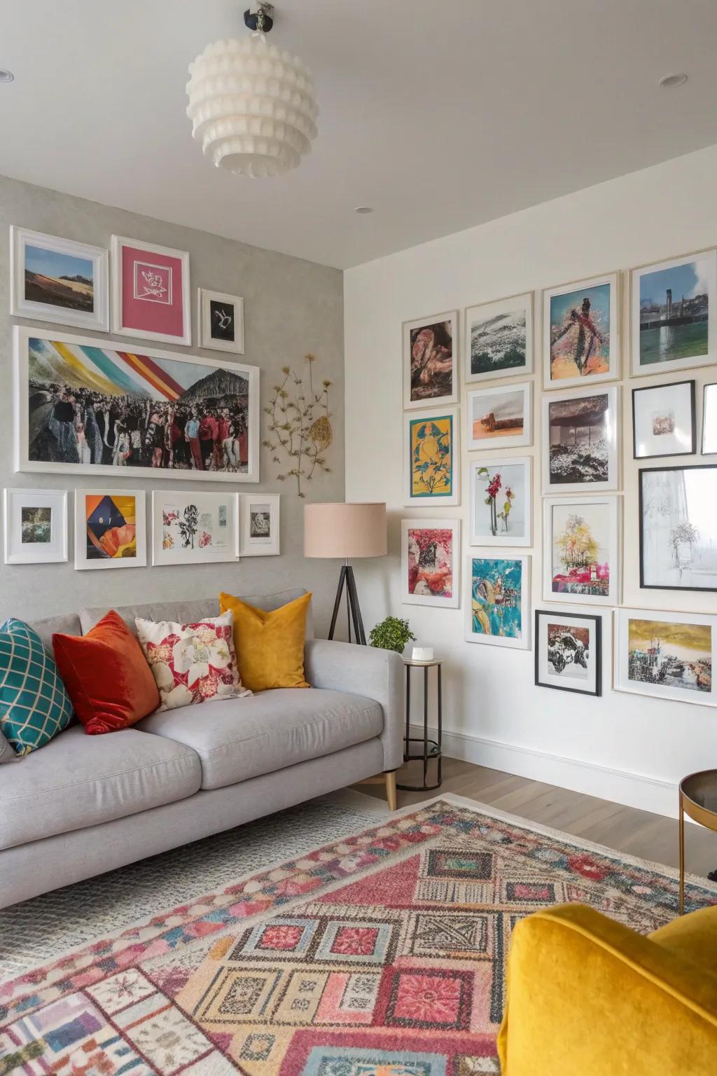 Integrating artistic prints enriches dimension and an element of refinement to this photograph composition.